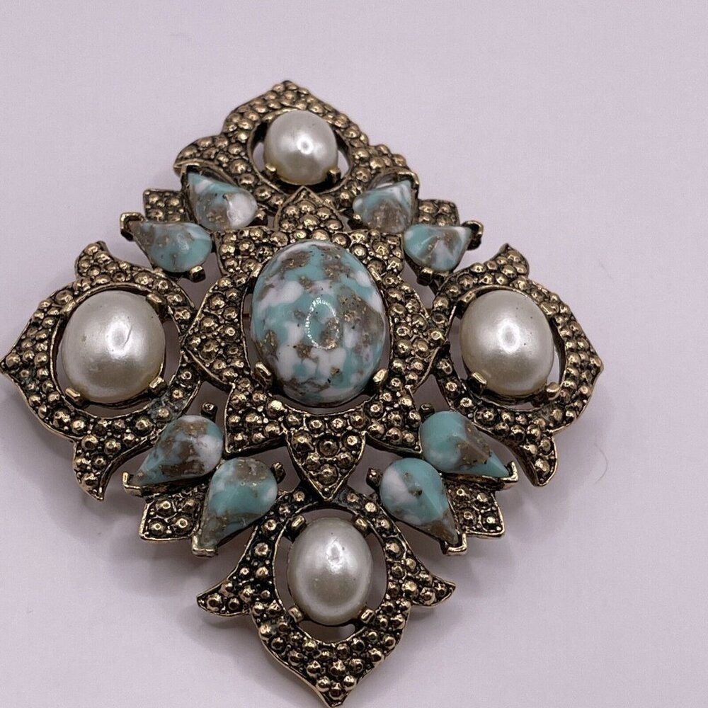 1968 Sarah Coventry "Remembrance" Pendant Brooch Faux Turquoise‎ Cabochon